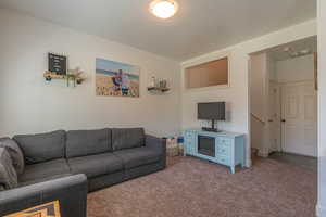 Living area with carpet floors and a textured ceiling