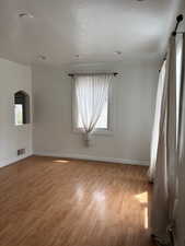 Unfurnished room with plenty of natural light, light wood-type flooring, and a textured ceiling
