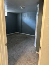 Carpeted spare room featuring baseboards and a textured ceiling