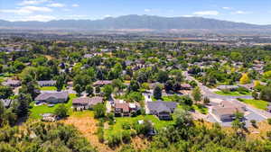 Aerial view of residential area with mountains