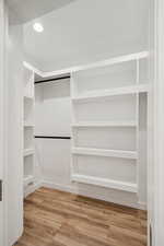 Spacious closet with light wood-style flooring