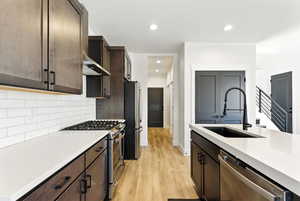 Kitchen with stainless steel appliances, dark brown cabinets, light wood-type flooring, recessed lighting, and decorative backsplash