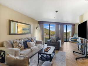 Living area with wood finished floors