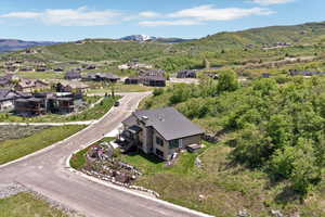 Bird's eye view of a mountainous background
