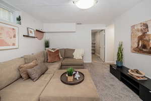 Living room featuring carpet flooring and a textured ceiling
