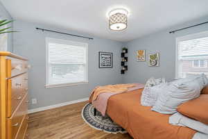 Bedroom featuring light wood-style flooring and multiple windows