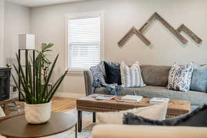 Living room featuring wood finished floors and baseboards