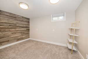 Below grade area featuring wood walls, light colored carpet, and a textured ceiling