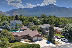 Aerial perspective of suburban area with mountains