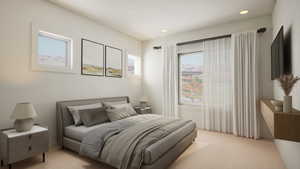 Carpeted bedroom with recessed lighting