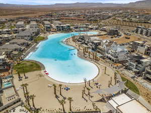 Aerial view of mountains and a pool
