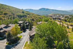 Aerial perspective of suburban area with mountains