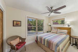 Bedroom featuring carpet floors, multiple windows, a ceiling fan, and a textured ceiling