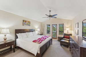 Bedroom with light colored carpet, lofted ceiling, a ceiling fan, and access to outside