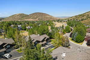Aerial perspective of suburban area featuring a mountain backdrop