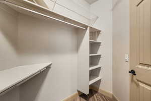 Walk in closet with wood finished floors