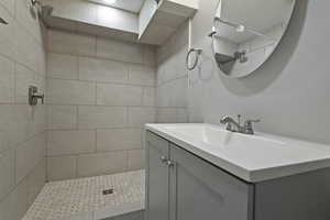 Full bath with a shower stall and vanity