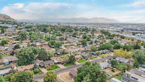 Aerial view of residential area with mountains