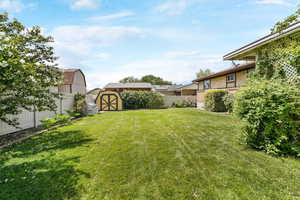 View of yard featuring a storage shed and garden