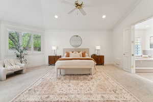 Bedroom with carpet floors, recessed lighting, ornamental molding, and a ceiling fan