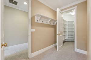 Mudroom featuring light colored carpet, ornamental molding, and recessed lighting