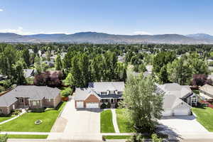 Aerial view of residential area with a mountain backdrop