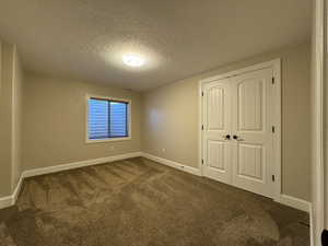 Unfurnished bedroom featuring carpet, a textured ceiling, and a closet