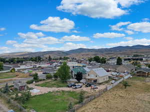 Aerial view of residential area with mountains