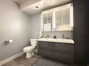 Bathroom featuring wood finished floors and double vanity