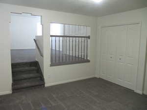 Stairs with carpet flooring and baseboards