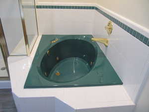 Bathroom view of a jetted tub and a stall shower