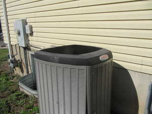 Exterior view of a central AC unit and gas meter
