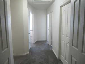 Corridor featuring dark colored carpet and attic access