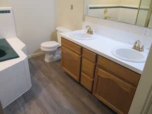 Bathroom featuring dark wood finished floors, a bath, and double vanity