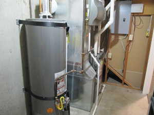 Utilities with water heater, electric panel, and heating unit
