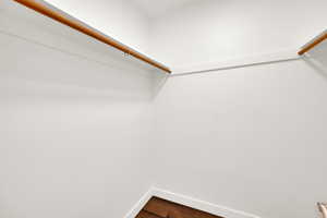 Walk in closet featuring dark wood-type flooring