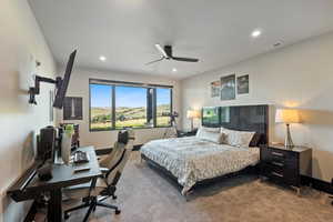 Bedroom featuring carpet flooring, a ceiling fan, recessed lighting, and an office area
