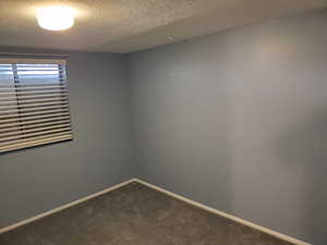 Unfurnished room featuring a textured ceiling and dark colored carpet