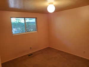 Unfurnished room with a textured ceiling and carpet flooring