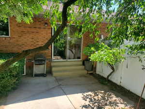 View of home's exterior with a patio, brick siding, and entry steps