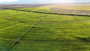 Overview of rural landscape with large plots for crops
