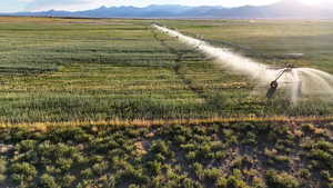 Aerial view of sparsely populated area with a mountainous background