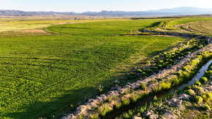 Aerial view of sparsely populated area with mountains