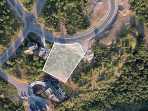 Aerial view of property's location featuring property parcel outlined