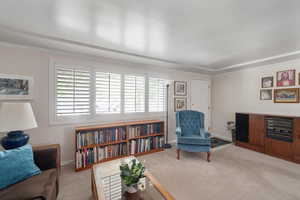 View of front door in the Living room area with carpet and ornamental molding