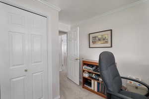 Home office or bedroom space featuring light carpet and crown molding