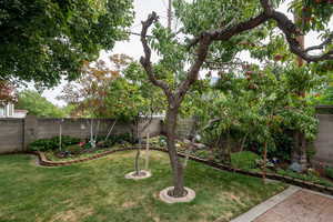 View of the north east side of the fenced backyard with mature trees and well maintained landscaping.