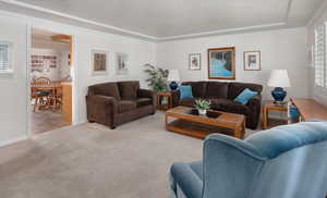 Living area with ornamental molding and carpet flooring