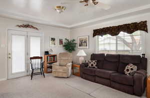 Carpeted family room area with ceiling fan and ornamental molding