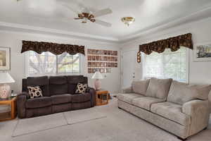 Carpeted family room area with plenty of natural light, a ceiling fan, and ornamental molding